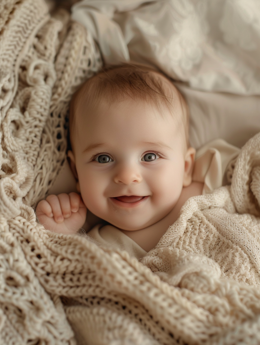 Elizabeth Rietveld tijdens babyfotoshoot in warme studio van BabyPhotoshoot.nl, lachend met haar pasgeboren baby.