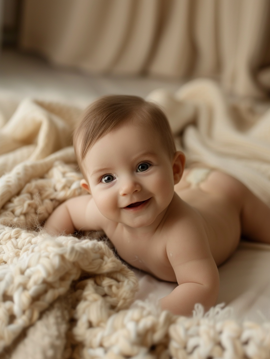 Elizabeth Rietveld tijdens babyfotoshoot in warme studio van BabyPhotoshoot.nl, lachend met haar pasgeboren baby.