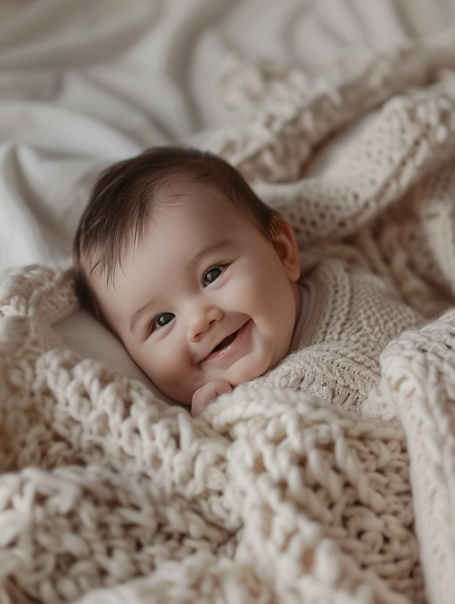 Elizabeth Rietveld tijdens babyfotoshoot in warme studio van BabyPhotoshoot.nl, lachend met haar pasgeboren baby.