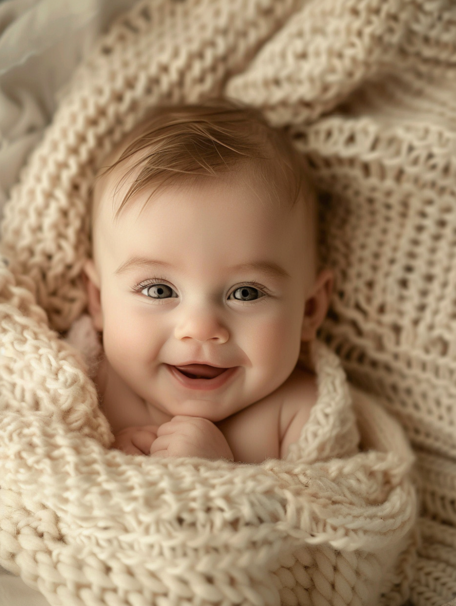 Elizabeth Rietveld tijdens babyfotoshoot in warme studio van BabyPhotoshoot.nl, lachend met haar pasgeboren baby.